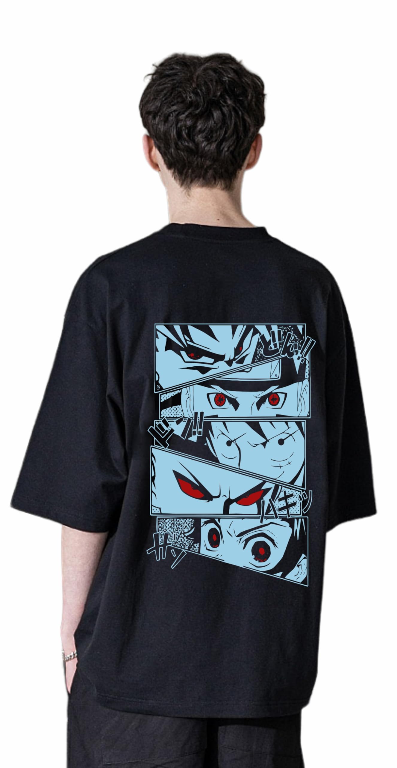 Cotton Four Anime Story Back Printed 3/4 Sleeve Black Oversized T Shirt For Men