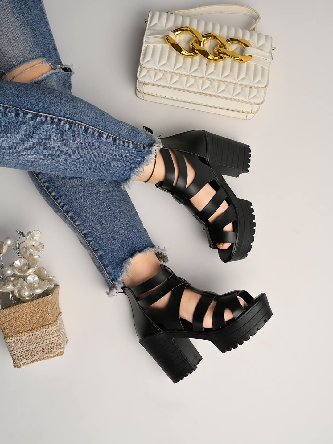 Shoetopia Smart Casual Black Block Heeled Sandal For Women