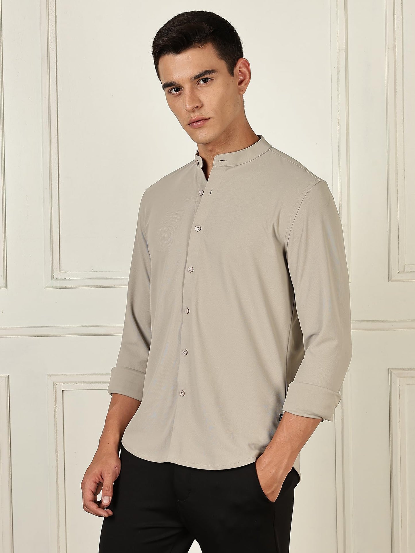 Thomas Scott Mens | Premium | Mandarin Collar | Slim Fit | Long Sleeves | 4 Way Stretch | Coolmax | Knitted | Casual | Shirts f