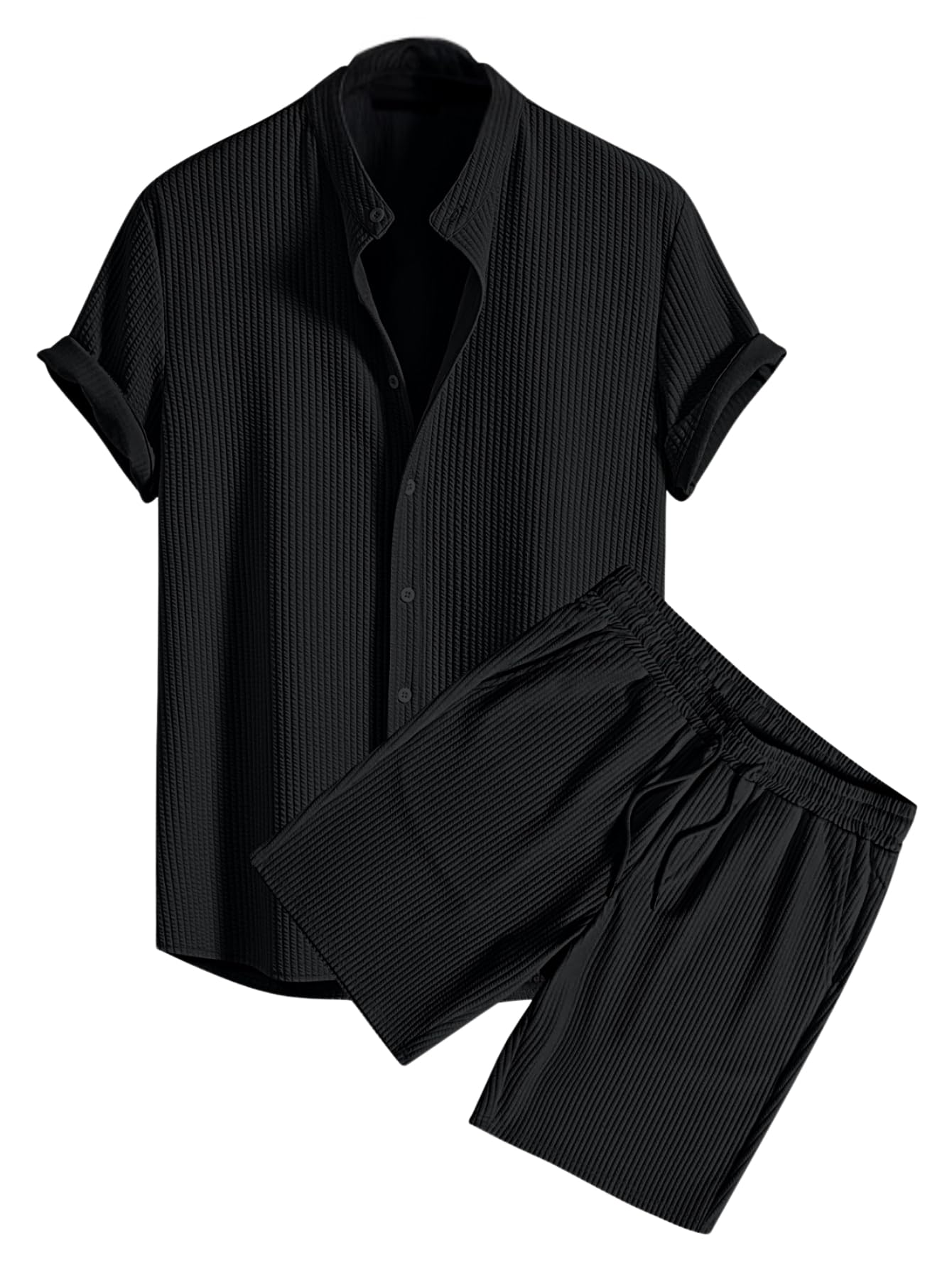 Greciilooks MenS Summer Casual Two Piece Outfit, Textured Button Down Shirt And Shorts Set Black