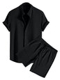 Greciilooks MenS Summer Casual Two Piece Outfit, Textured Button Down Shirt And Shorts Set Black