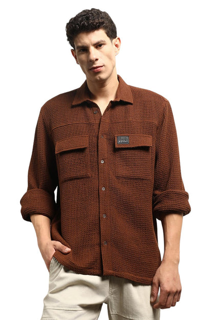 Hubberholme Men Summer Cotton Spread Collar Long Sleeves Oversized Casual Shirt 24 Brown