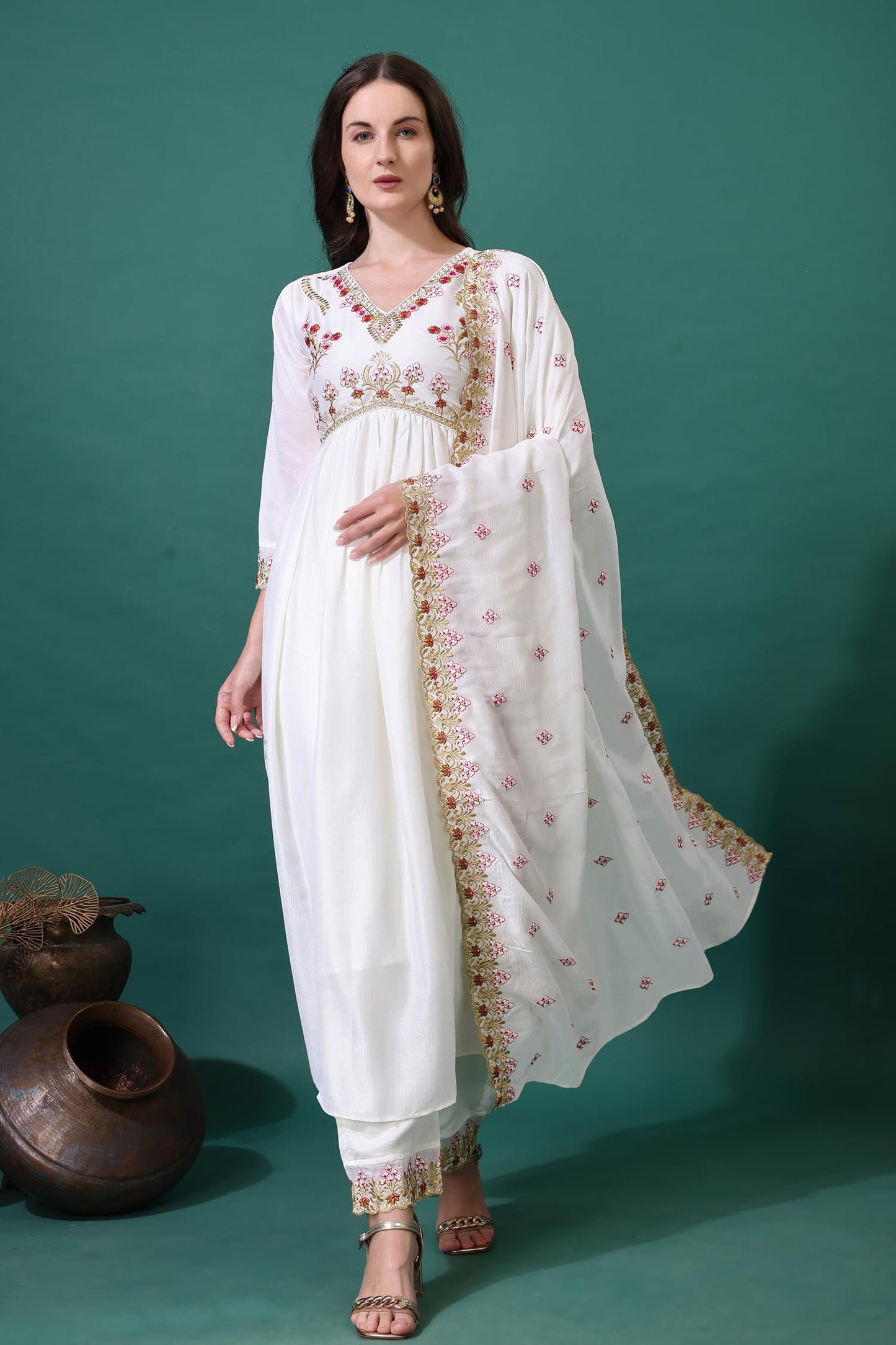 Pratham Blue WomenS Silk Embroidered Anarkali Kurta Palazzos With Dupatta |Kurta Set For Women |WomenS Kurta |Women Embroidere