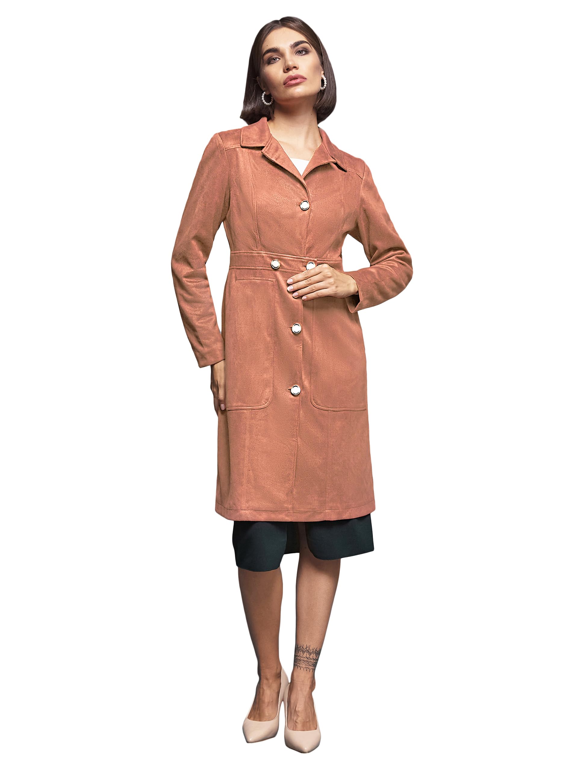 Miss Chase Womens Shirt-Collar Full Sleeves Button-down Longline Jacket (MCAW24JKT99-52-738-05, Dirty Peach, L)