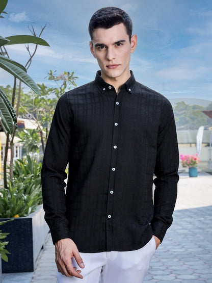 Thomas Scott Mens | Self Designed | Full Sleeves | Solid | Button Down Collar | Slim Fit | Polyster Blend | Shirt | (TS1718_Bla