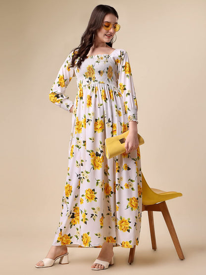 Sheetal Associates WomenS Floral Printed Crepe Full Length Dress Yellow