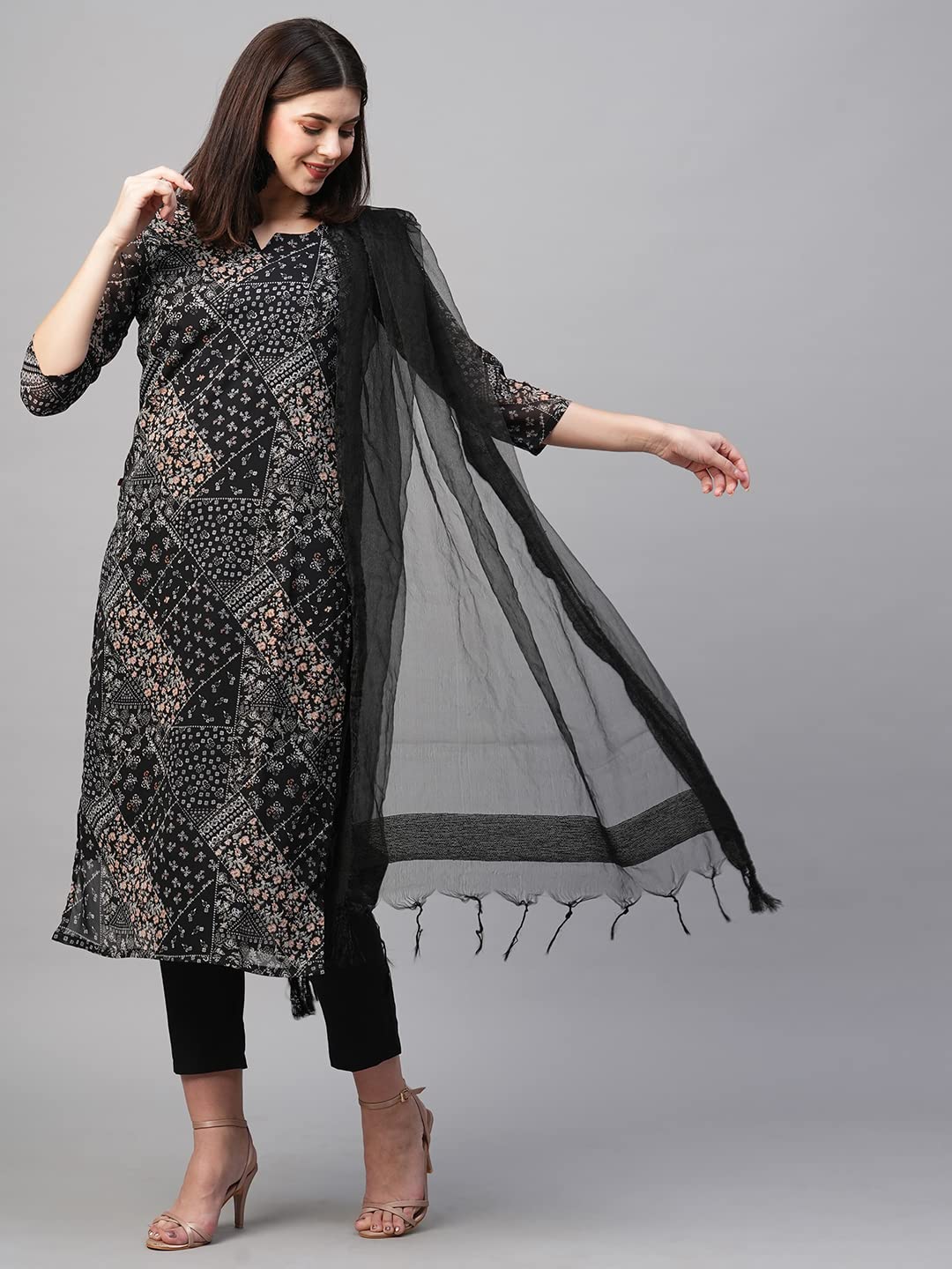 GoSriKi Women's Georgette Straight Printed Kurta with Pant & Dupatta (Pivis Black-GS)