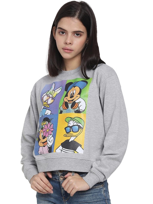 Beakoof Women Disney Typography Grey Full Sleeve Hooded Sweatshirt