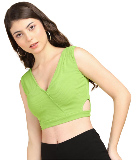 POPWINGS Women Casual Lime Green Self Design Rib Deep V Neck Sleeveless Cutout Crop Top