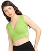 POPWINGS Women Casual Lime Green Self Design Rib Deep V Neck Sleeveless Cutout Crop Top