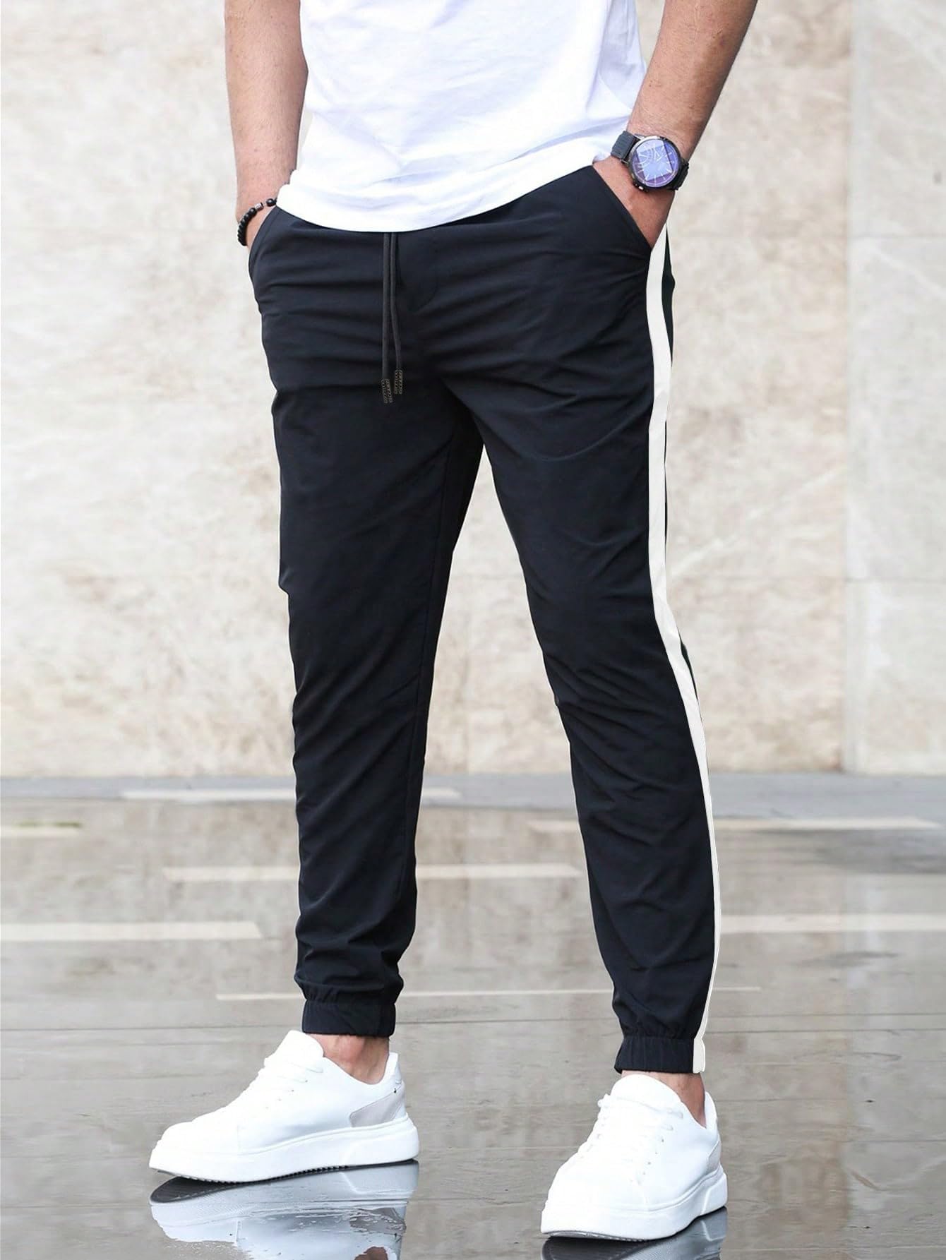 Shasmi Mens Athletic Jogger Black and White Contrast Side Color Block Patchwork Drawstring Waist Track Pant with Slit Pockets,