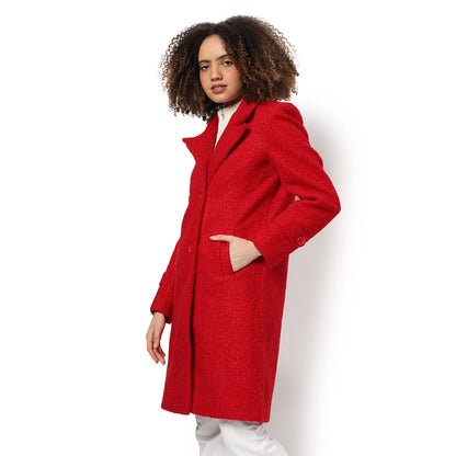 Campus Sutra Women Red Regular Fit Long Coat For Winter Wear | Collar Neck | Full Sleeve | Buttoned | Casual Jacket For Woman &