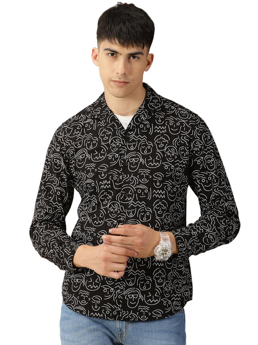 Thomas Scott Mens 100% Cotton Printed Regular Fit Casual Shirt - Black