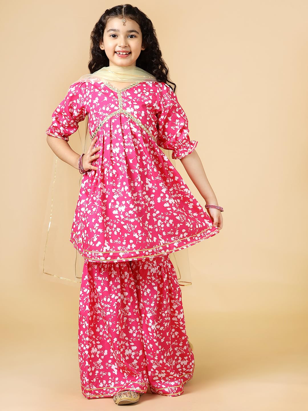 A.T.U.N. (ALL THINGS UBER NICE) Fuchsia Floral Printed Kurti, Sharara with Dupatta Set for Girls