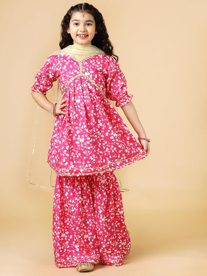 A.T.U.N. (ALL THINGS UBER NICE) Fuchsia Floral Printed Kurti, Sharara with Dupatta Set for Girls