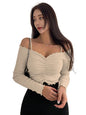 Sugathari Womens Skin Solid Colour Open Cold Off Shoulder Long Sleeve Lettuce Hem Casual Autumn Trim Tight- Slim Fitting Ruched