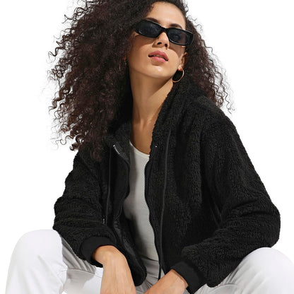 Campus Sutra Womens Black Fleece Hoodie with Zip-Closure for Casual Wear | Hooded Neck | Long Sleeve | Zipper Closure | Cotton