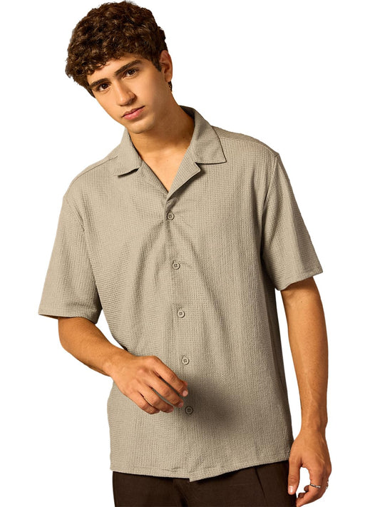 Bewakoof MenS Textured Oversized Fit Half Sleeve Resort Collar Poly Spandex Shirt_685454_Grey_M