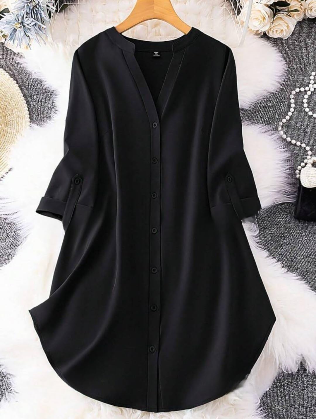 Gufrina WomenS Rayon Top With 3/4Th Sleeves Mandarin Collar Neck Solid Pattern A Line Style Knee-Length And Regular Fit Black