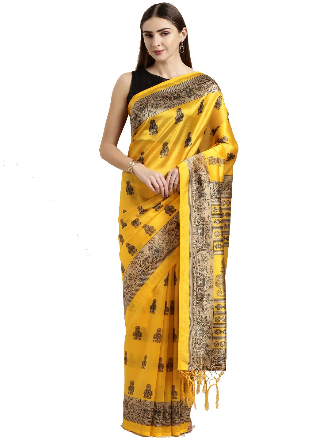 ANNI DESIGNER Womens Silk Printed Saree With Blouse Piece (Yellow)