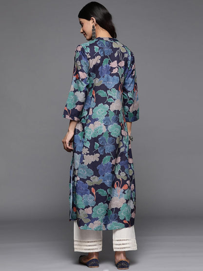 Varanga Women Blue Floral Printed Kurta with Mandarin Collar