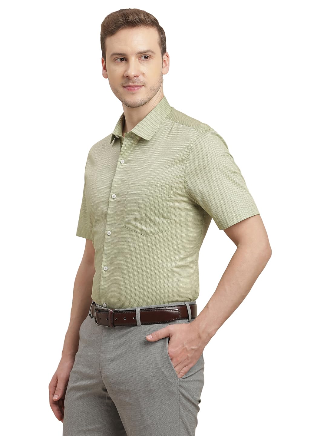 Turtle Men 100% Cotton Regular Fit Olive Printed Half Sleeve Formal Shirt