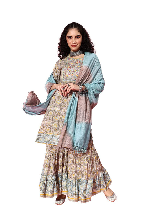 ishin Women's Cotton Multicolor Embroidered A-Line Kurta set with Sharara & Dupatta