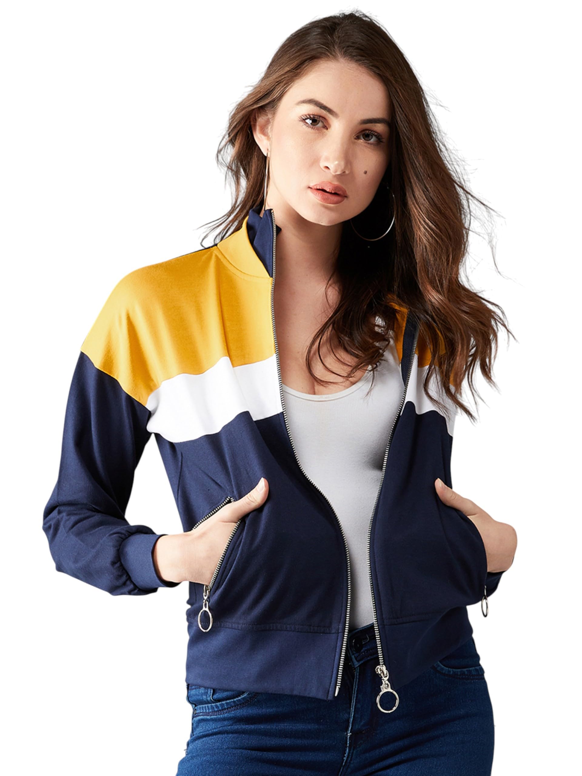 Dolce Crudo Womens Turtle-neck Full sleeved Color-Block Regular length Jacket (DOAW23DEN98-17-961-05, Multicolored Base Stormfr