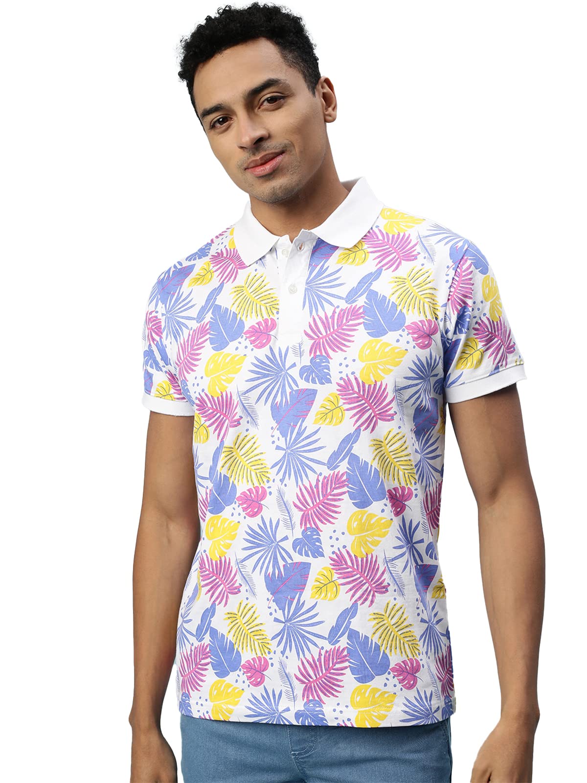 Veirdo Mens Floral Printed Regular Fit Polo T-Shirt
