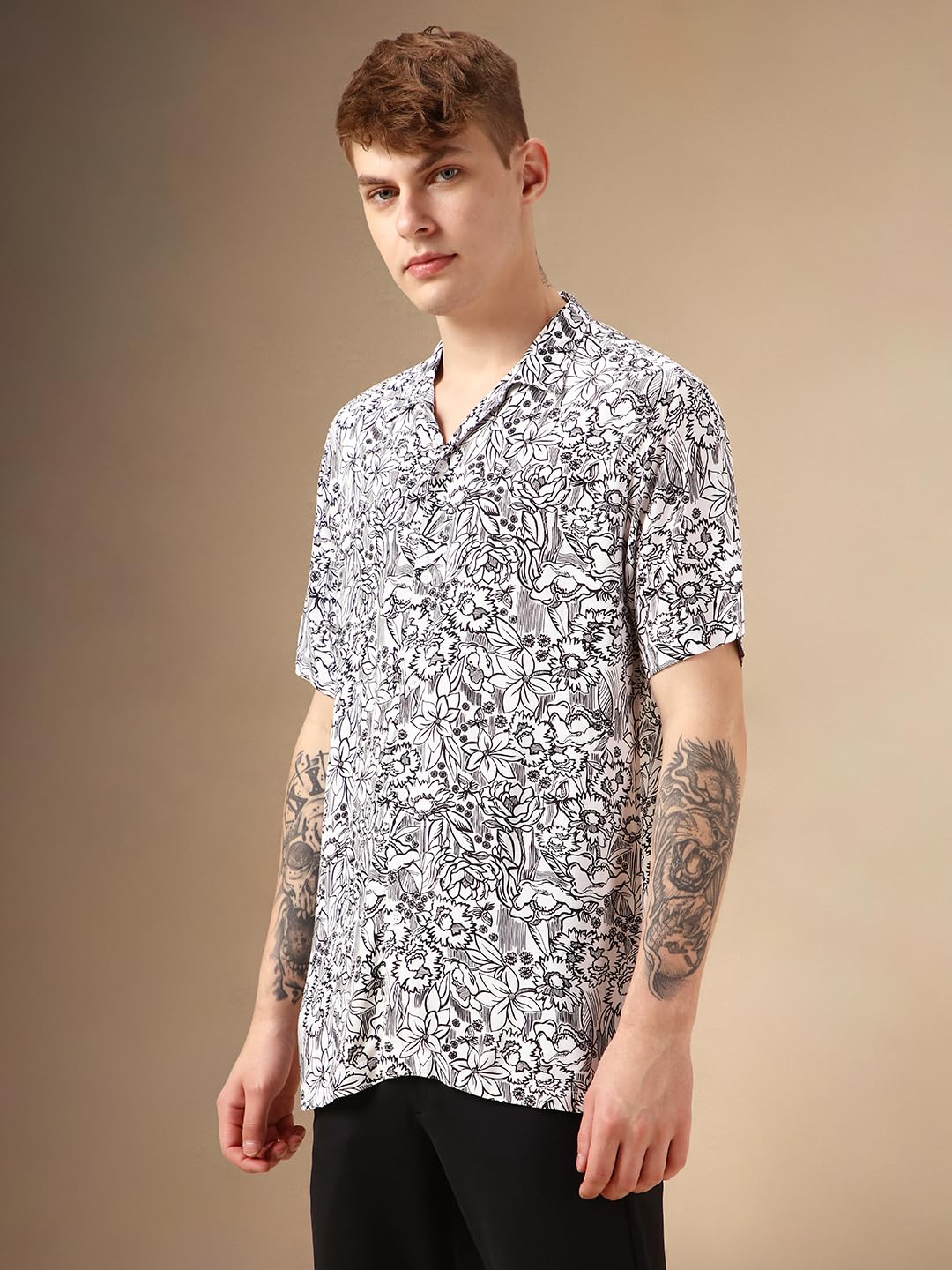 Dennis Lingo Men White Rayon Half Sleeve Cuban Collar Aop Shirts