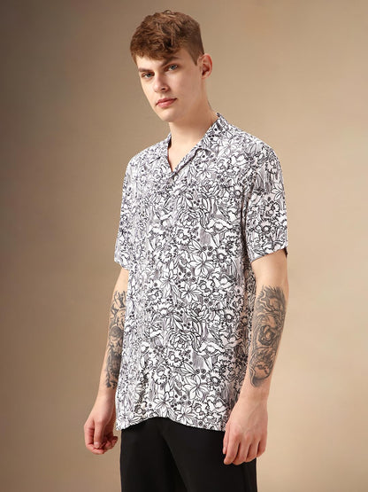 Dennis Lingo Men White Rayon Half Sleeve Cuban Collar Aop Shirts