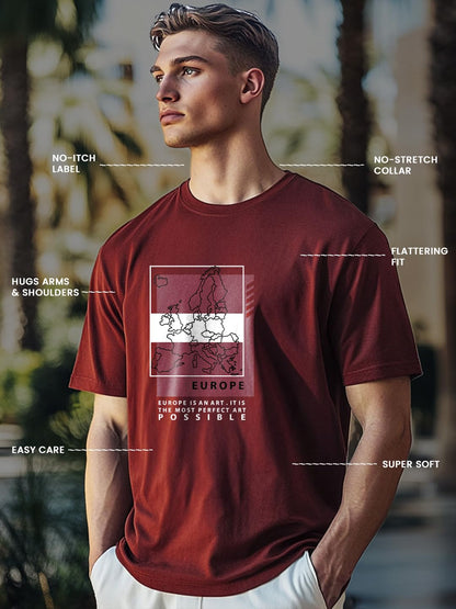 Nobero MenS Graphic Print Regular Fit T-Shirt (1M-Twts-C1042-Ag_Europe Map-Wine Red