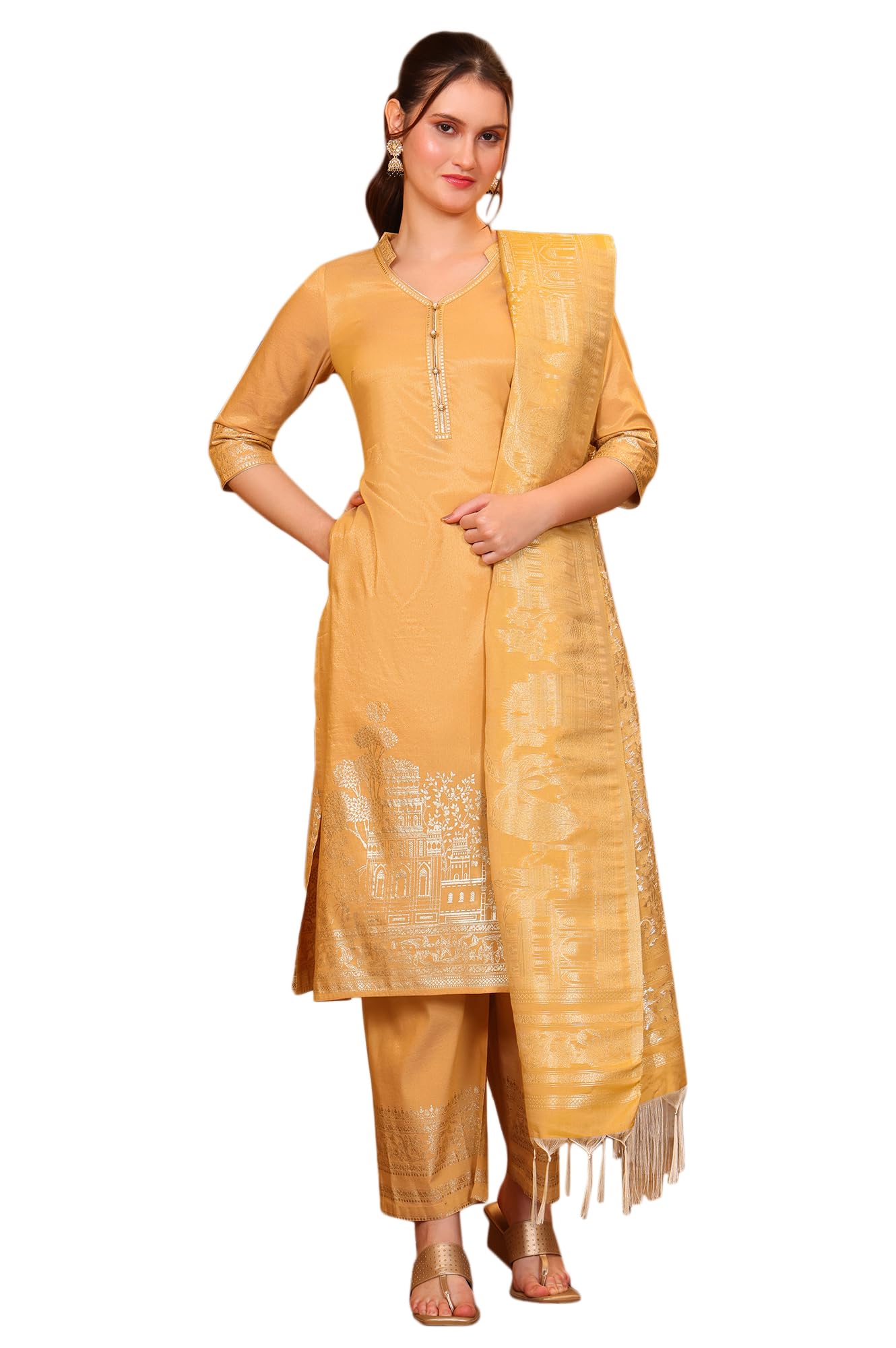 Aurelia Women's Yellow Foil Printed Festive Straight Kurta, Trousers and Dupatta Set (Size: S)-AS16031-509504