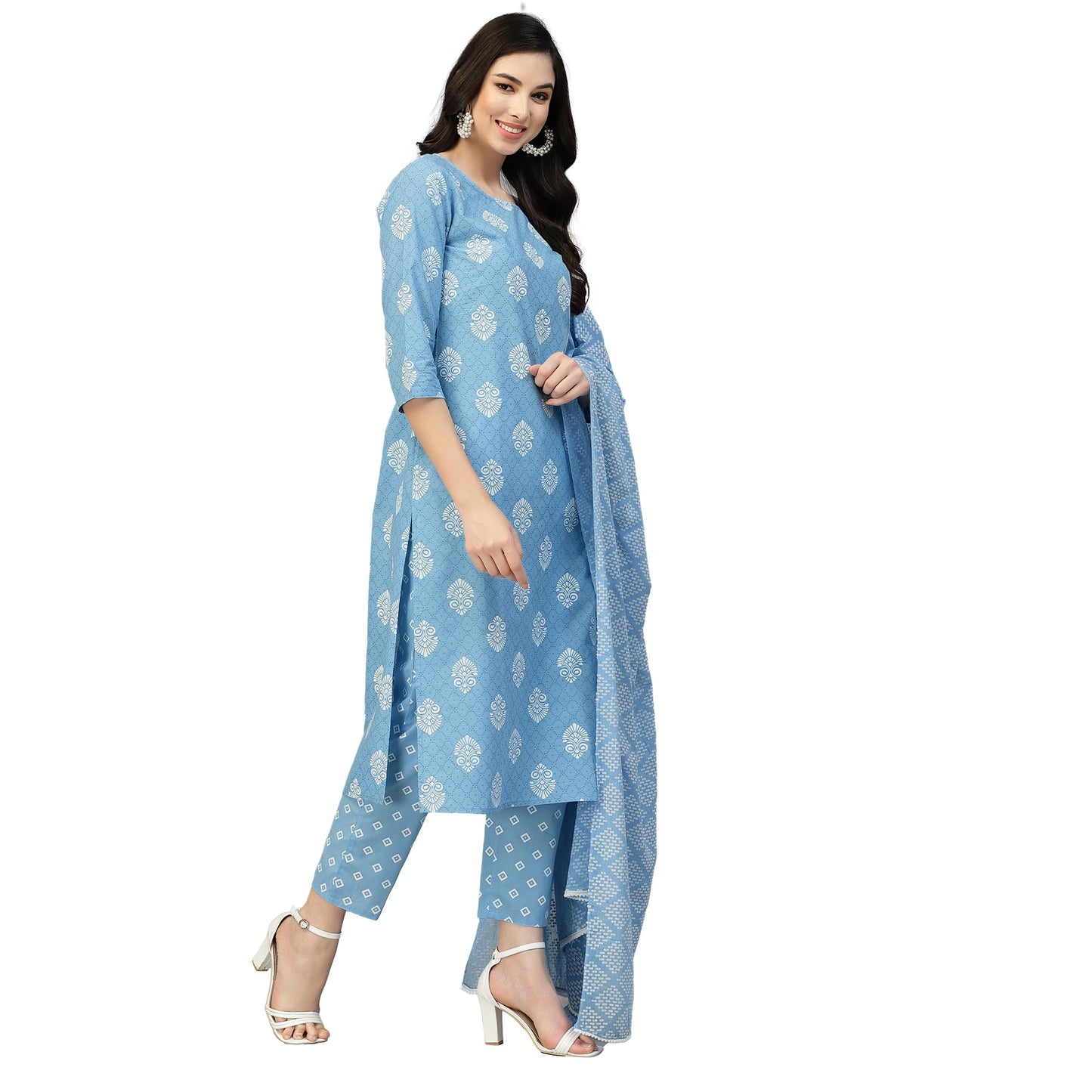 Stylum Women's Printed Rayon Straight Kurta Pant Dupatta Set (Blue)