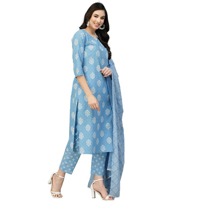 Stylum Women's Printed Rayon Straight Kurta Pant Dupatta Set (Blue)