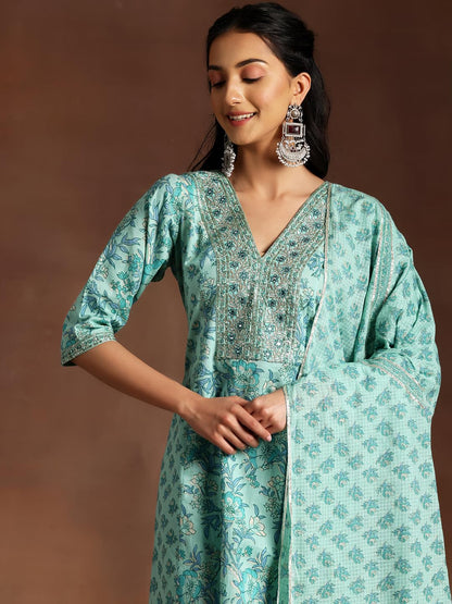 Libas Womens Printed Cotton A-Line Kurta With Trousers And Dupatta