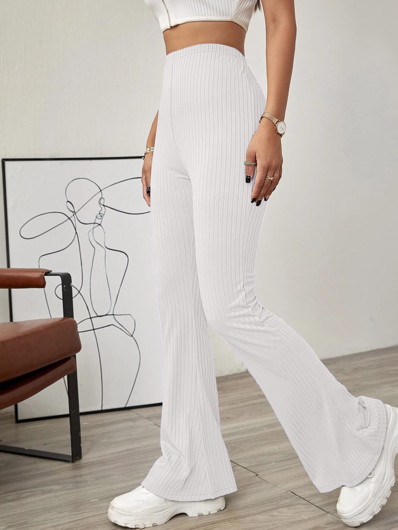 Shasmi White Womens Yoga Dress Pants Stretchy Work Slacks Business Casual Office Flare Bell-Bottom/Boot-Cut Elastic Waist Regul