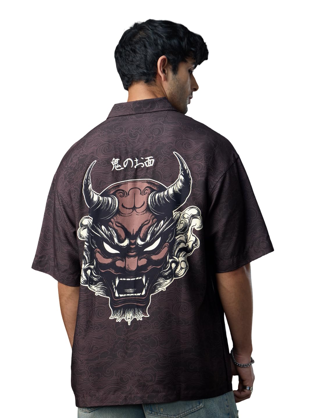 The Souled Store: The Last Shogun Men and Boys Short Sleeve Collared Neck Button Front Dark Brown Graphic Printed Rayon Oversize