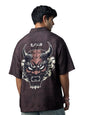 The Souled Store: The Last Shogun Men and Boys Short Sleeve Collared Neck Button Front Dark Brown Graphic Printed Rayon Oversize