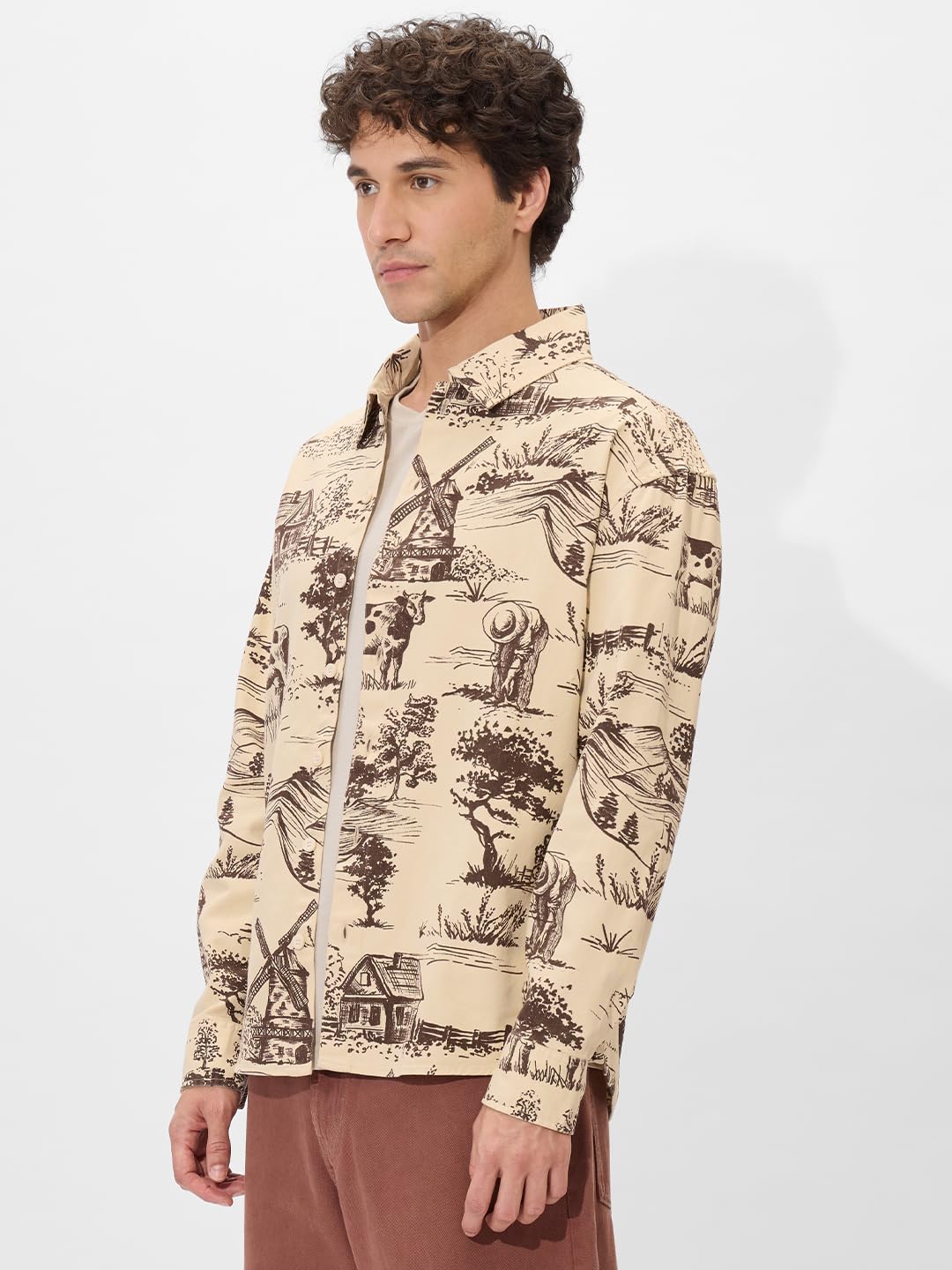 The Souled Store Rolling Hills Men and Boys Long Sleeves Collared Neck Button Front Beige and Brown All Over Printed Cotton Shac