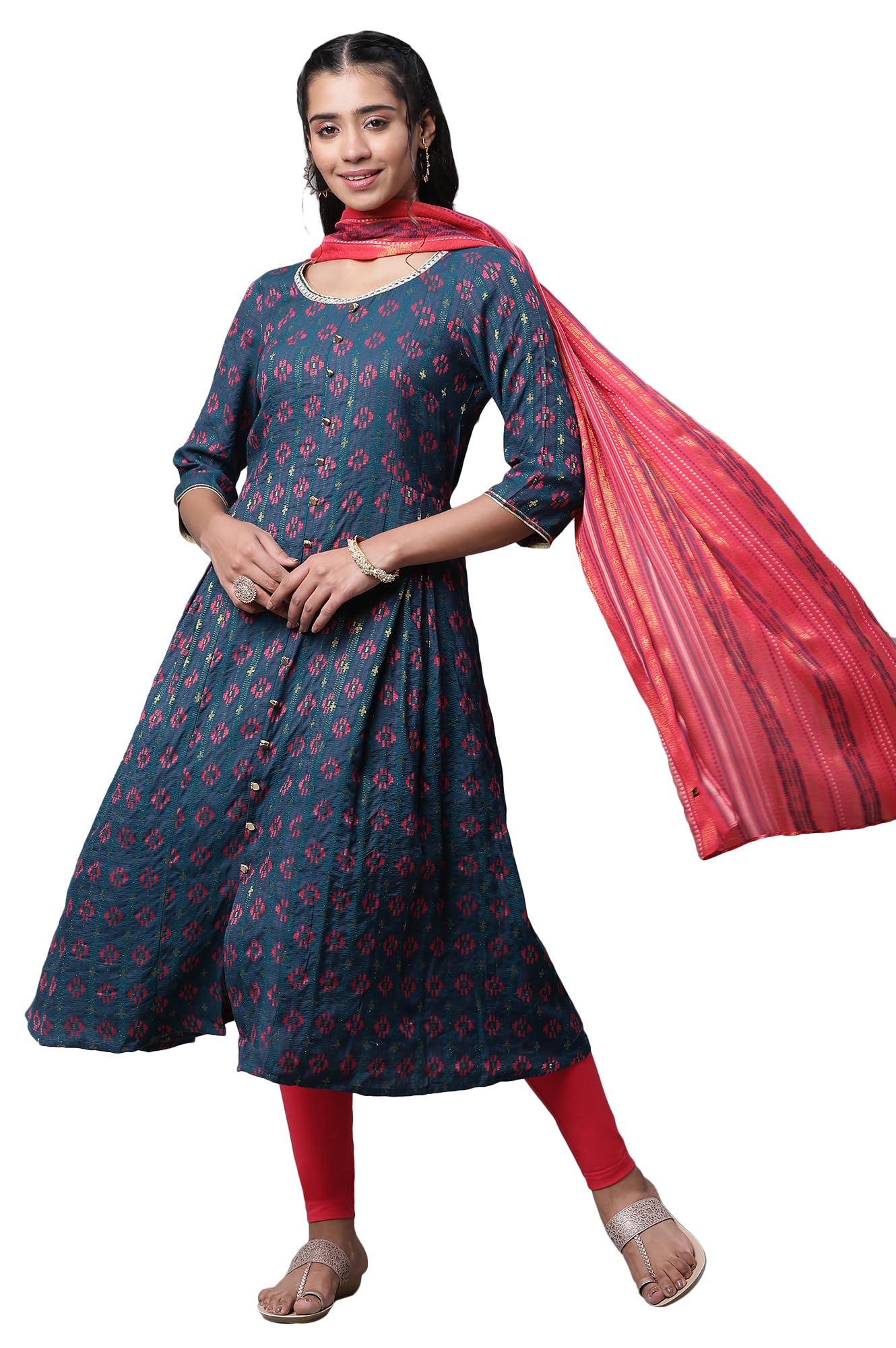 Blue Printed Flared Kurta, Tights and Dupatta Set