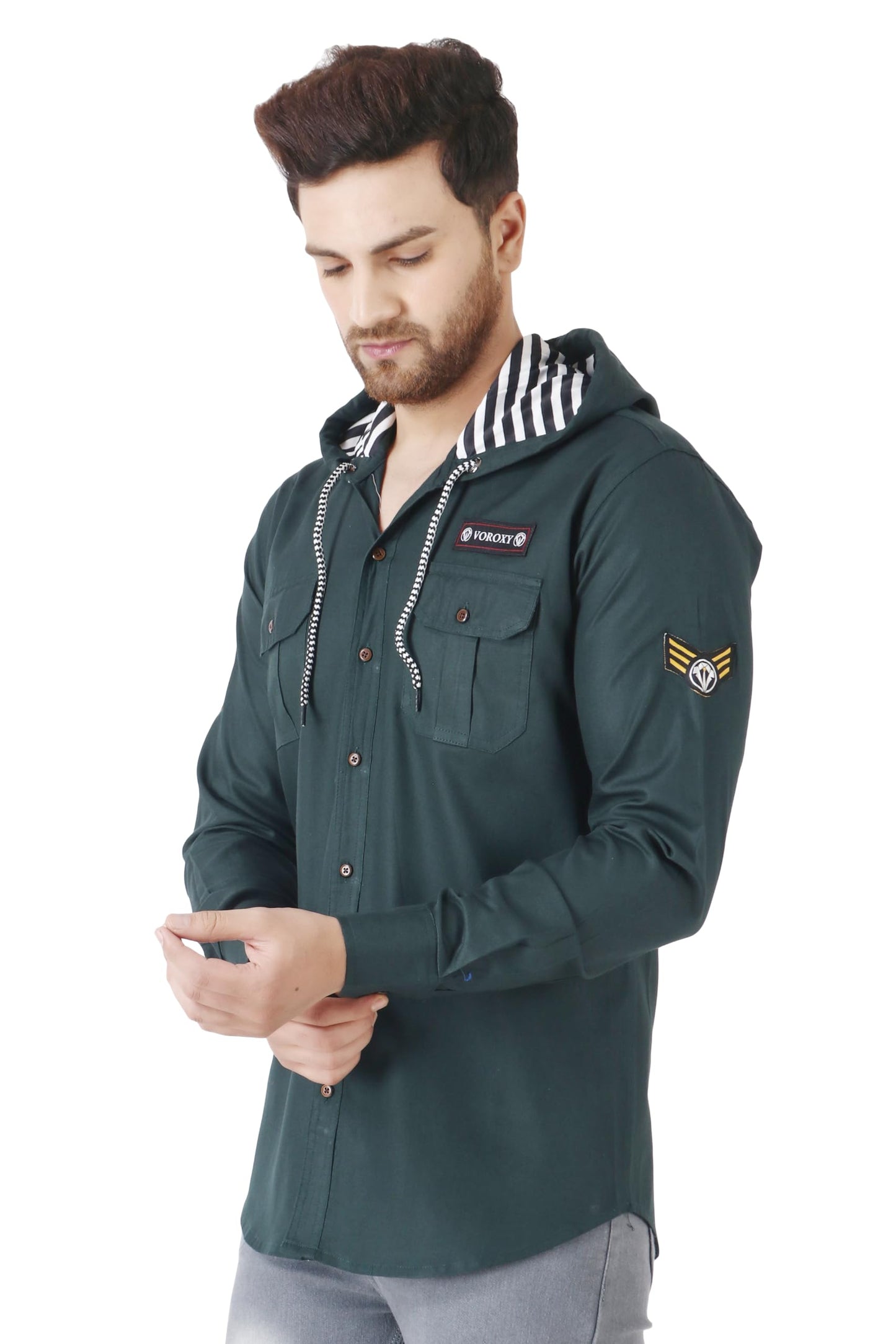 Besix MenS Green Tailored Fit Cotton Blend Shirt For Man With Hoodie - Casual Long Sleeve Shirt With Pockets - Patch Detail For