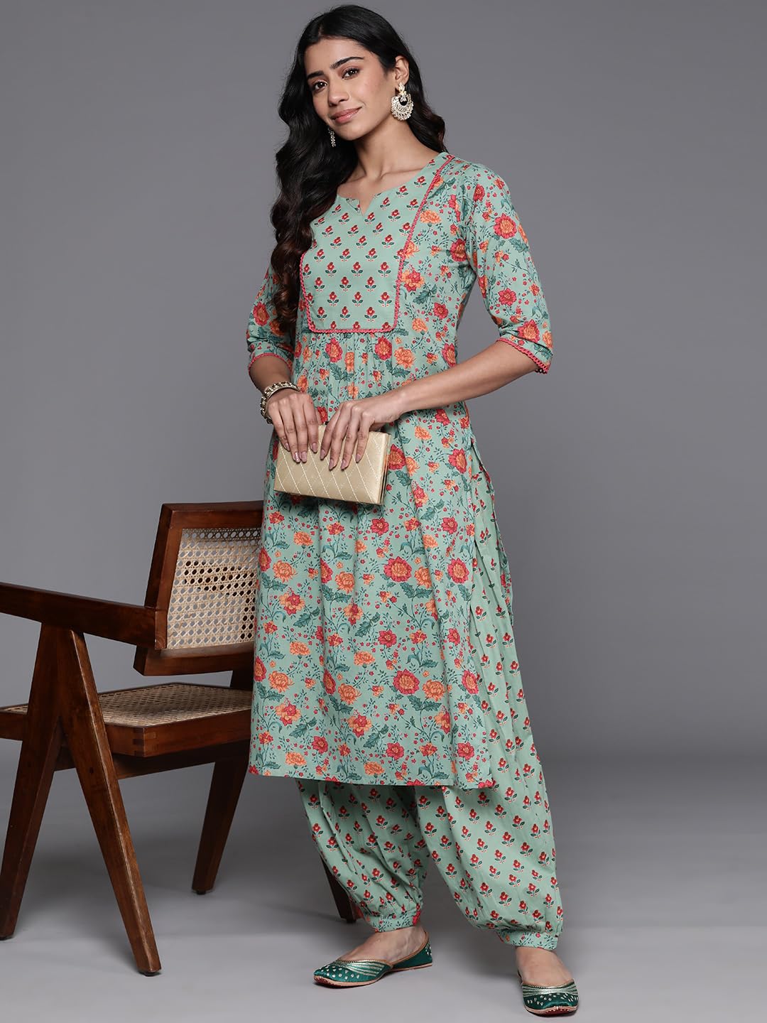 Libas Green Printed Cotton Straight Kurta With Salwar
