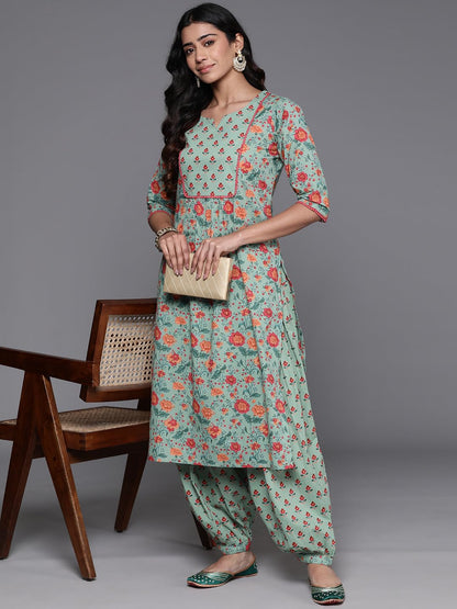 Libas Green Printed Cotton Straight Kurta With Salwar