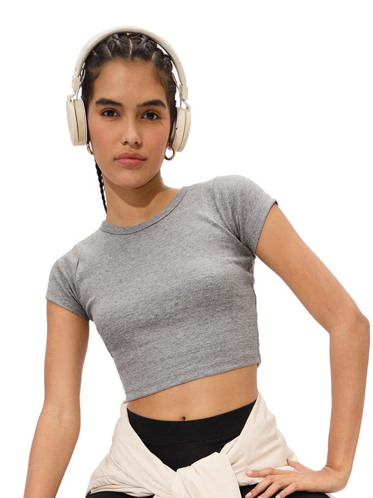 The Souled Store Ribbed Top: Light Grey Solids Women and Girls Short Sleeves Square Neck Polyester Blend Slim Fit Cropped Tops