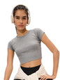 The Souled Store Ribbed Top: Light Grey Solids Women and Girls Short Sleeves Square Neck Polyester Blend Slim Fit Cropped Tops
