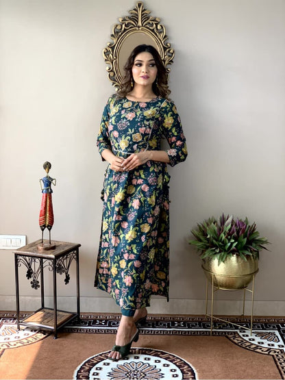 GoSriKi Women's Cotton Blend Printed Straight Kurta with Pant (Tilak Green-Nw-GS)
