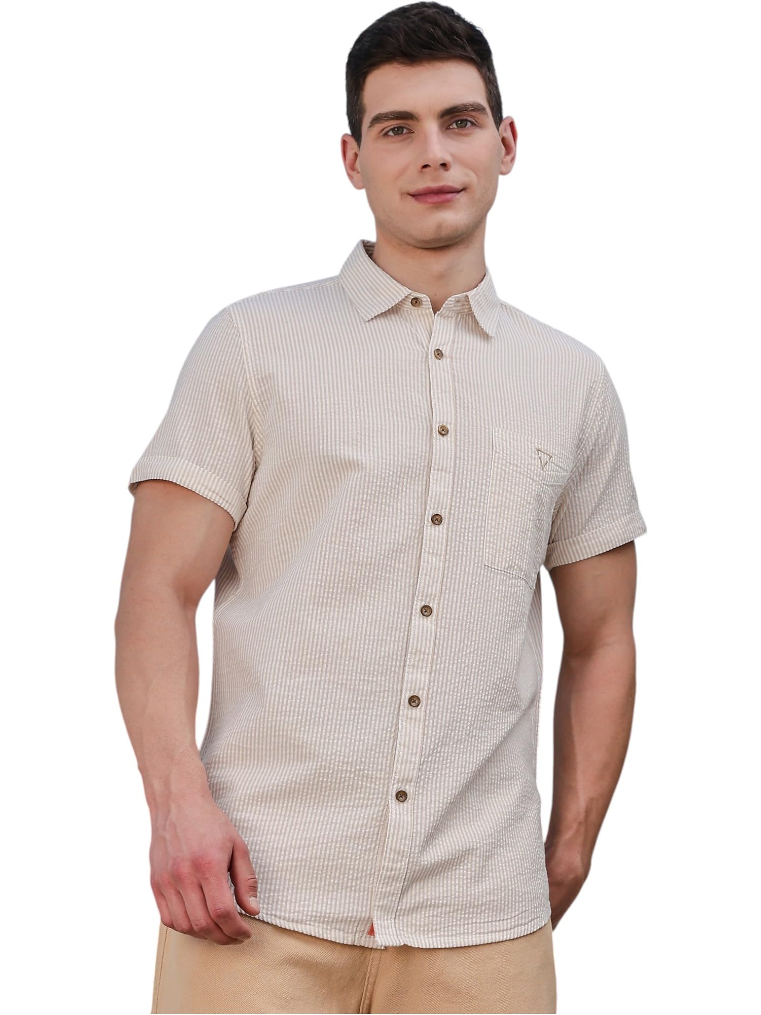Thomas Scott Slim Fit | 100% Cotton | Short Sleeve | Shirts for Men Beige