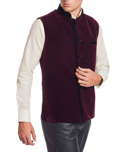 Wintage Men'S Velvet Bandhgala Festive Dark Maroon Nehru Jacket Waistcoat