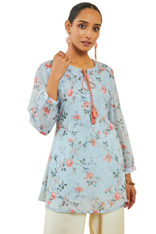 Soch Womens Powder Blue Georgette Floral Print A-Line Tunic with Pintucks